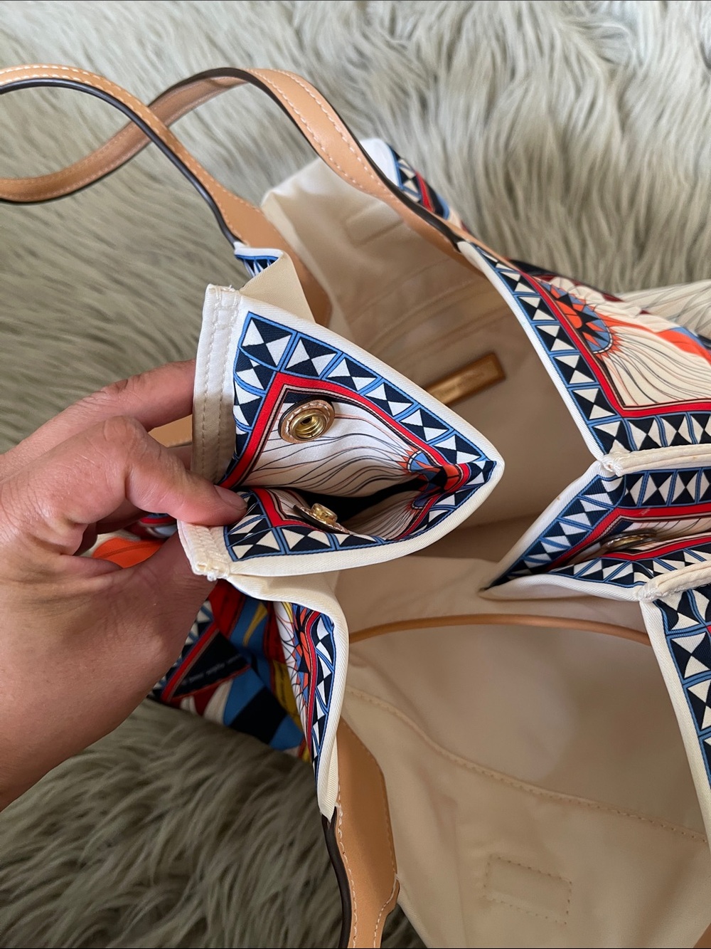 Tory Burch Multicolor Compass Graphic Tote with Tan Leather Handles - Picture 9 of 13